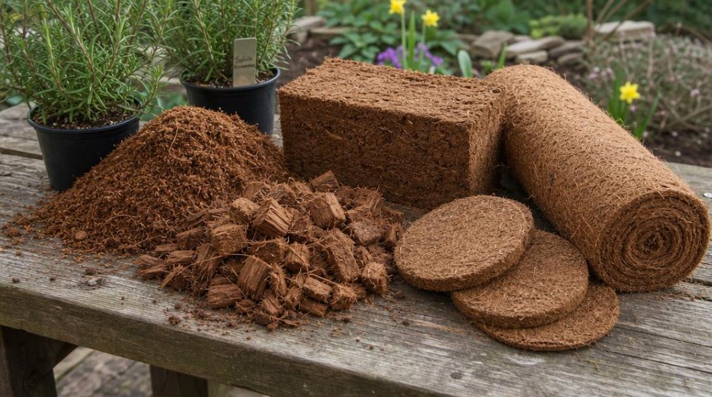 Fibres, copeaux, disque et toile de coco au jardin