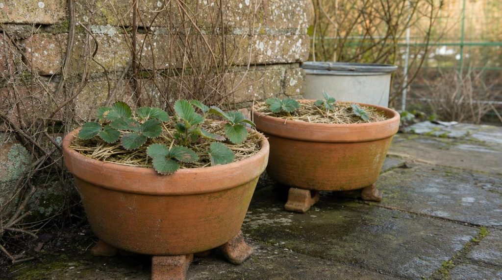 Fraisiers en pots surélevés avec paillage hivernal