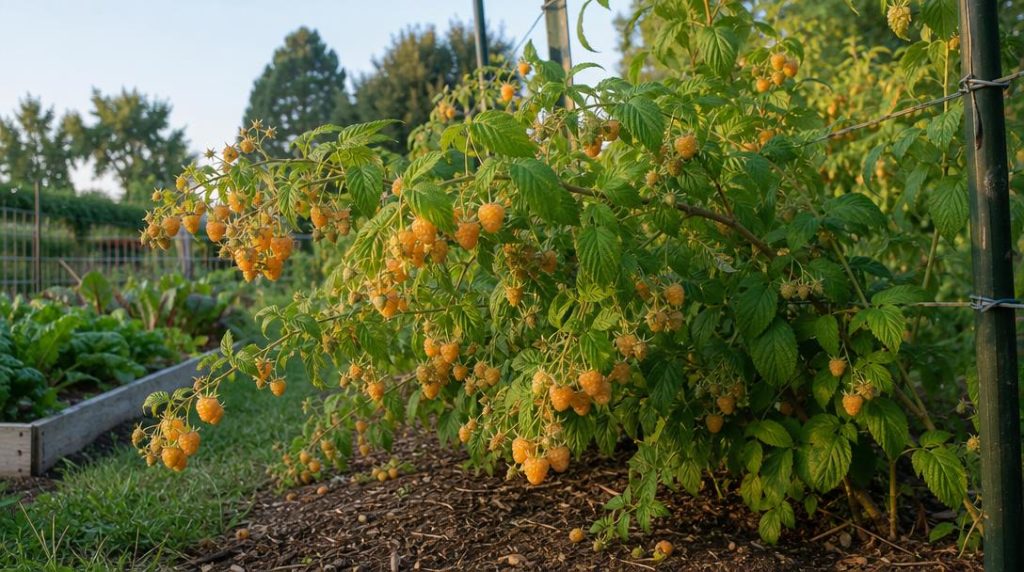 Framboisier jaune aux fruits dorés dans un jardin