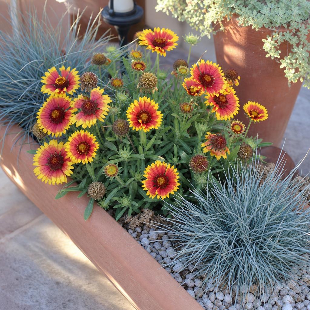 Gaillarde rouge et jaune dans une jardinière ensoleillée