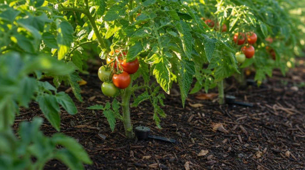 Goutteurs au pied de tomates dans un potager paillé