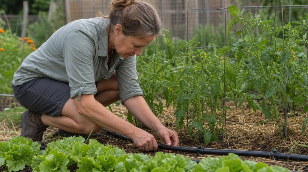 Goutteurs entre tomates paillées dans un potager