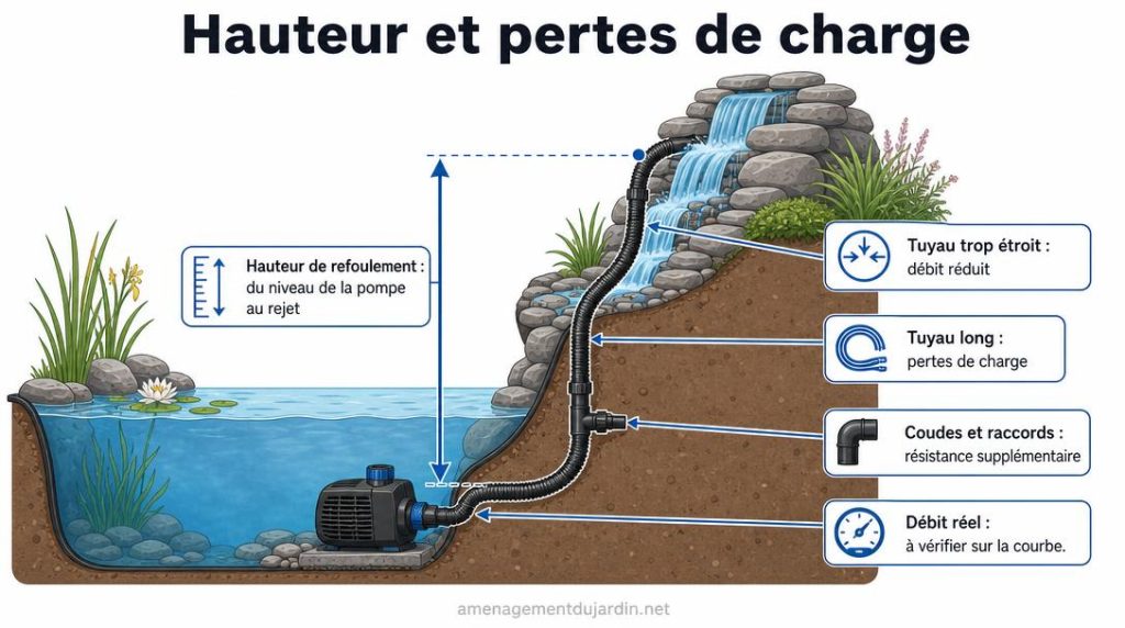 Schéma de hauteur et tuyau vers cascade