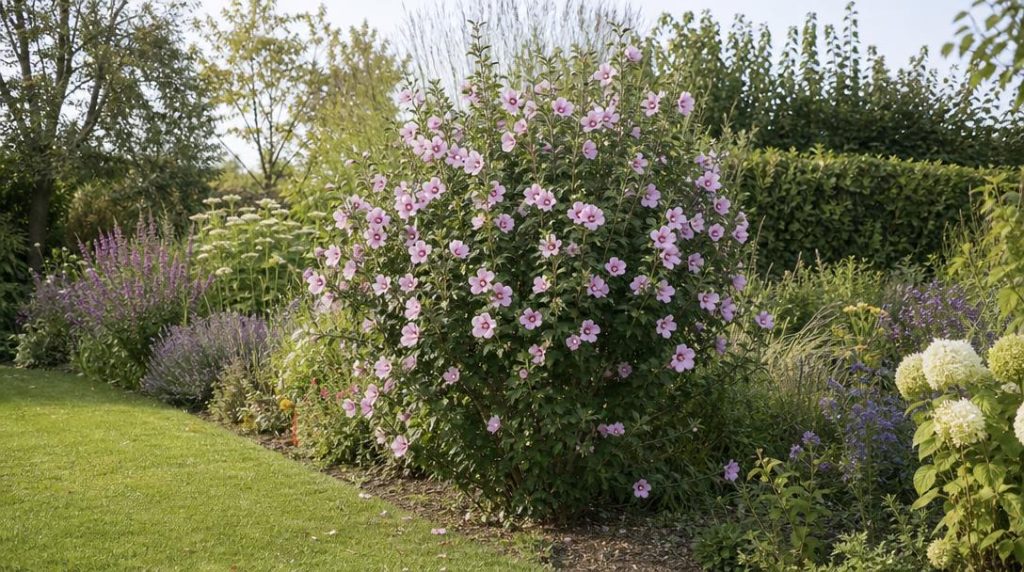 Althéa rose fleuri dans une bordure de jardin