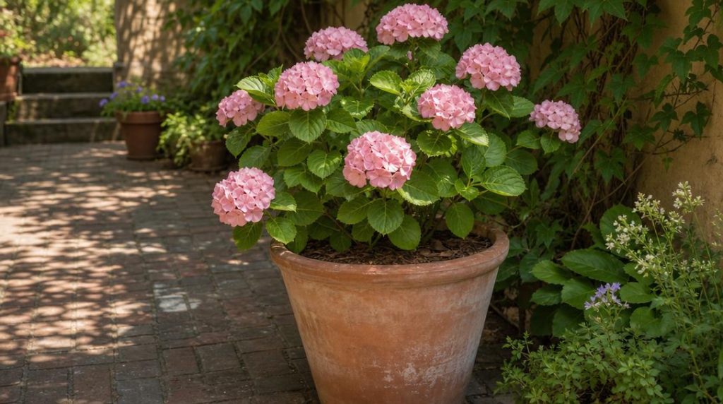 Hortensia rose en pot protégé du soleil estival