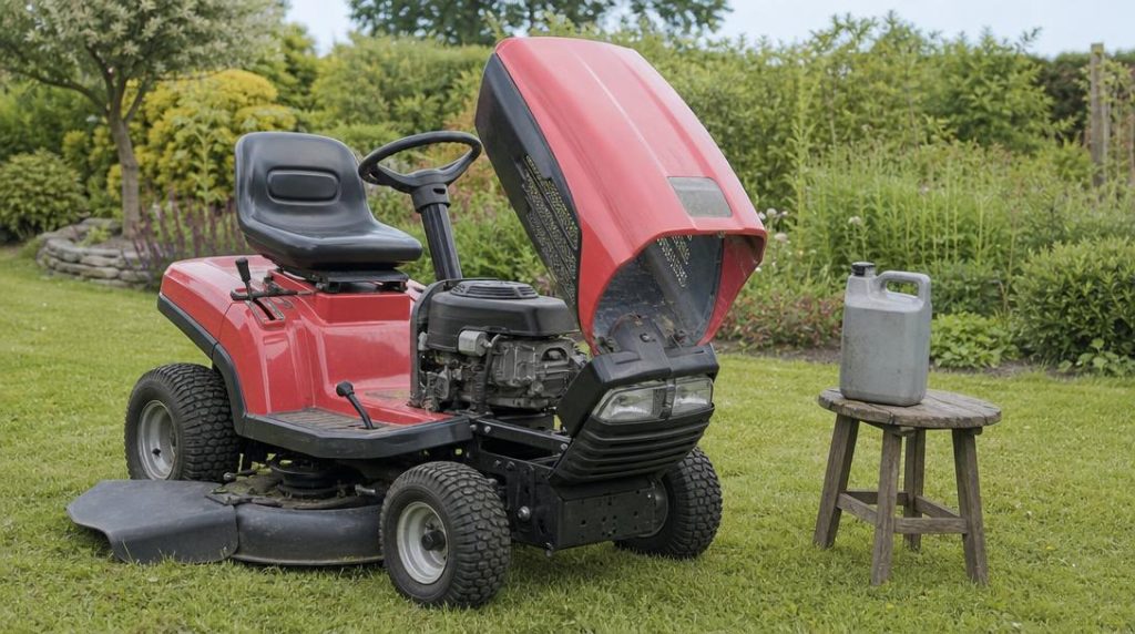 Tracteur tondeuse avec compartiment moteur ouvert