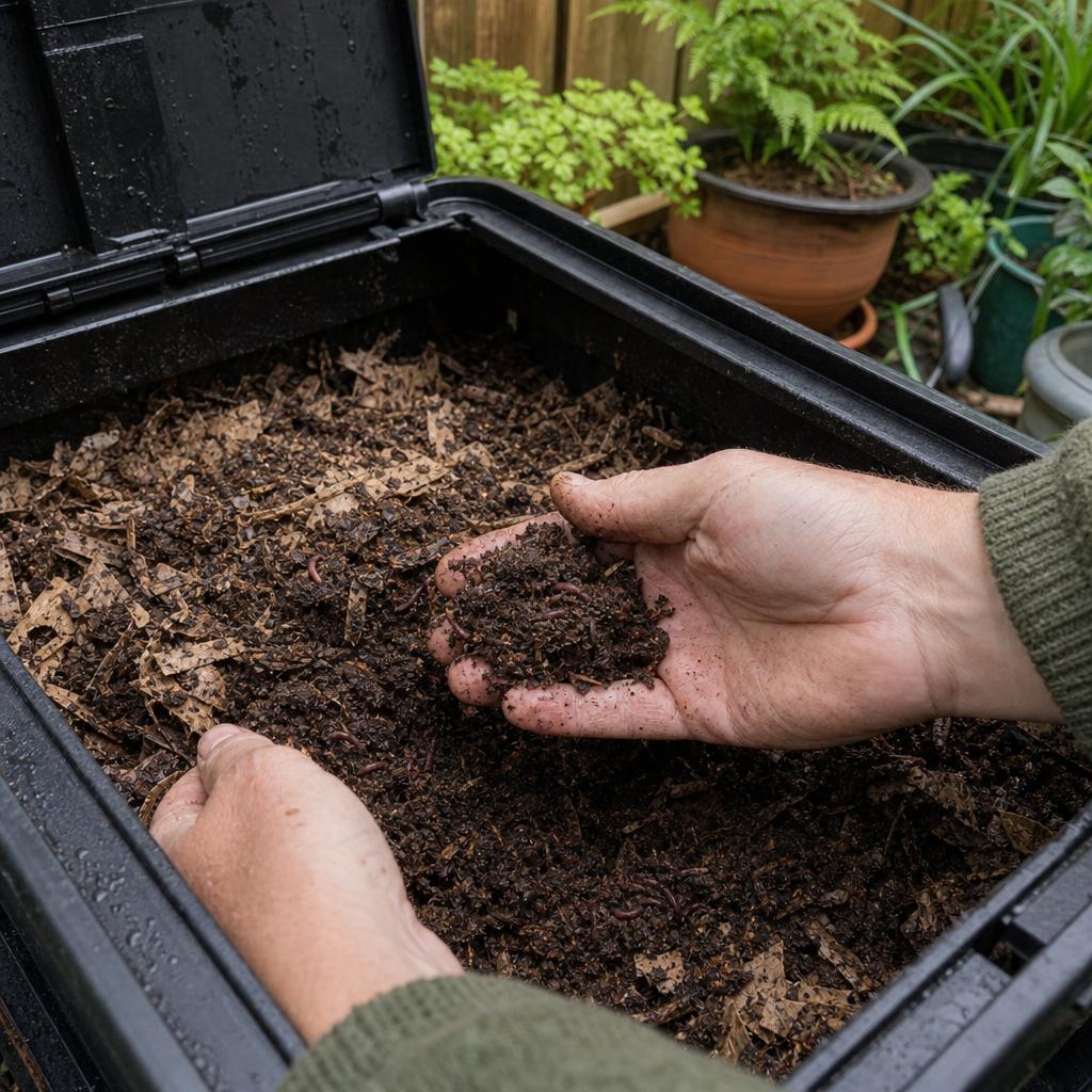 Main vérifiant l’humidité de la litière du composteur