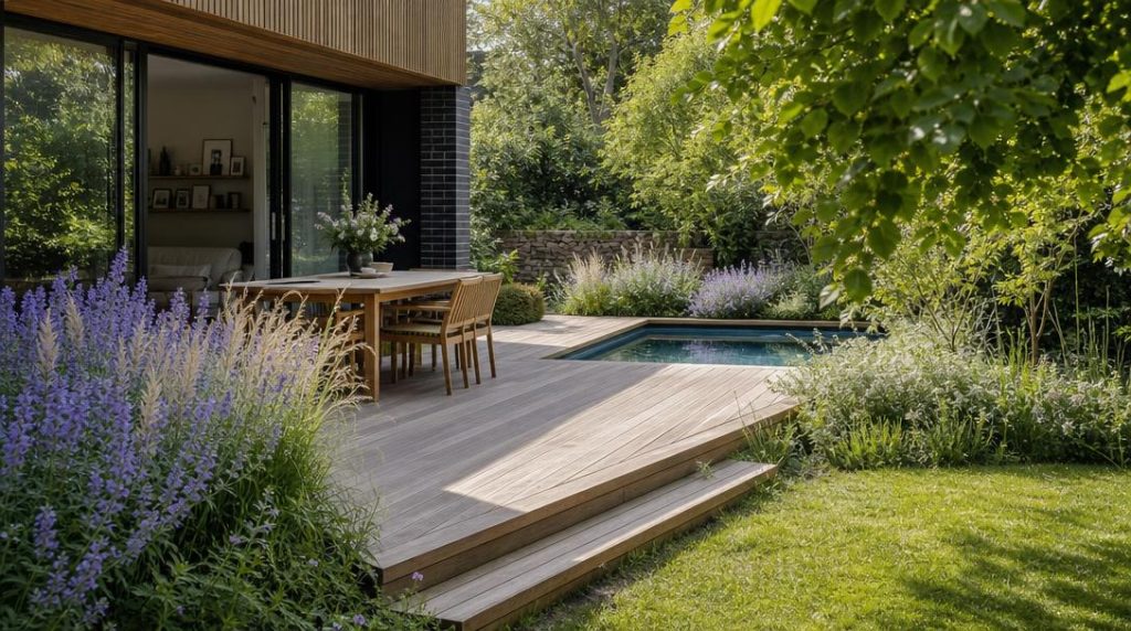 Terrasse en bois et piscine intégrées à un jardin