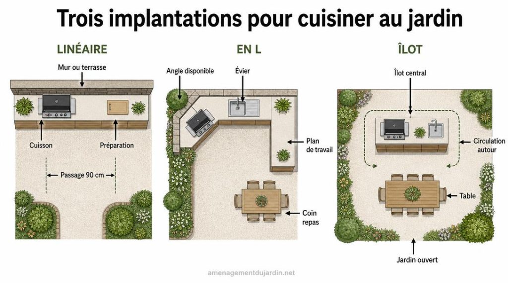 Schéma de trois implantations de cuisine dans un jardin
