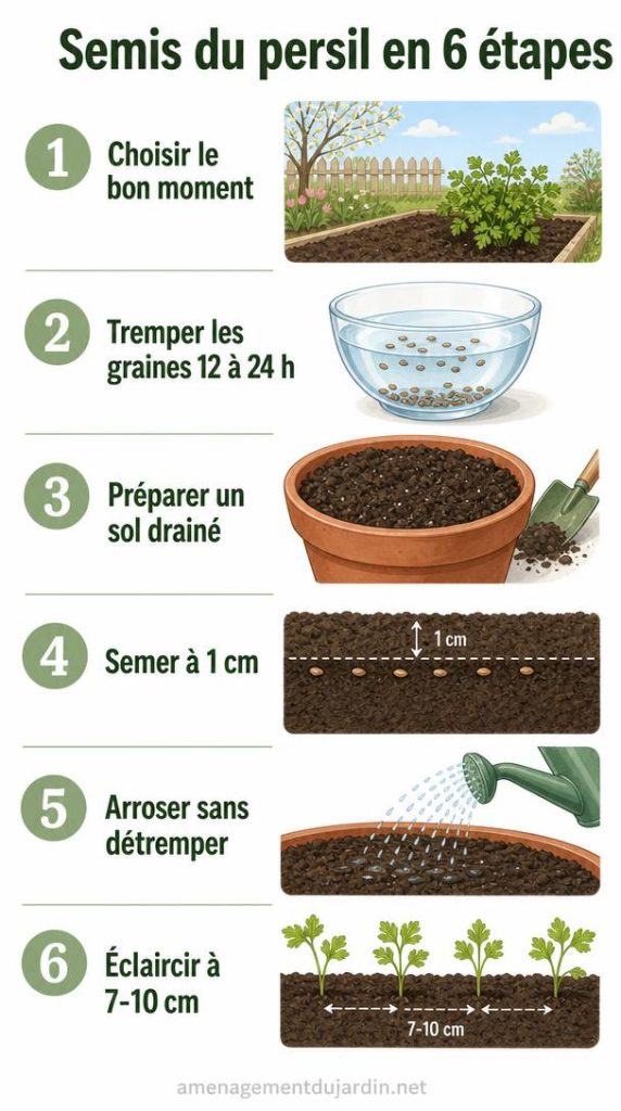 Six étapes illustrées pour réussir un semis de persil