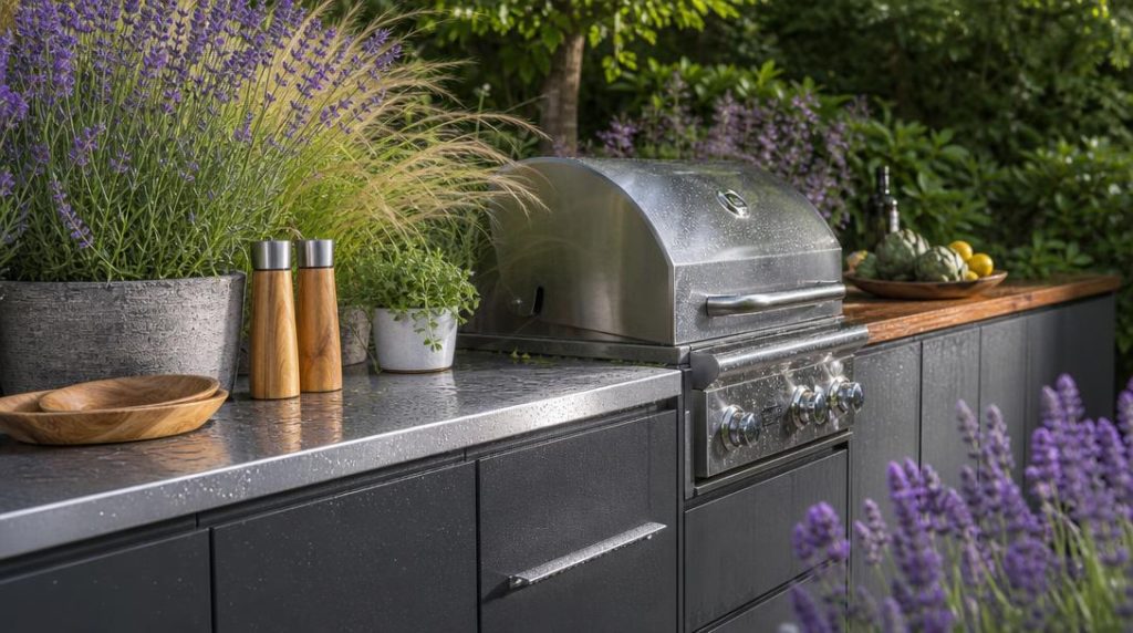 Meubles extérieurs en inox et aluminium sur terrasse