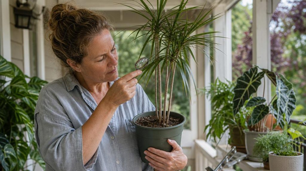 Jardinier inspectant le feuillage d'une nouvelle plante