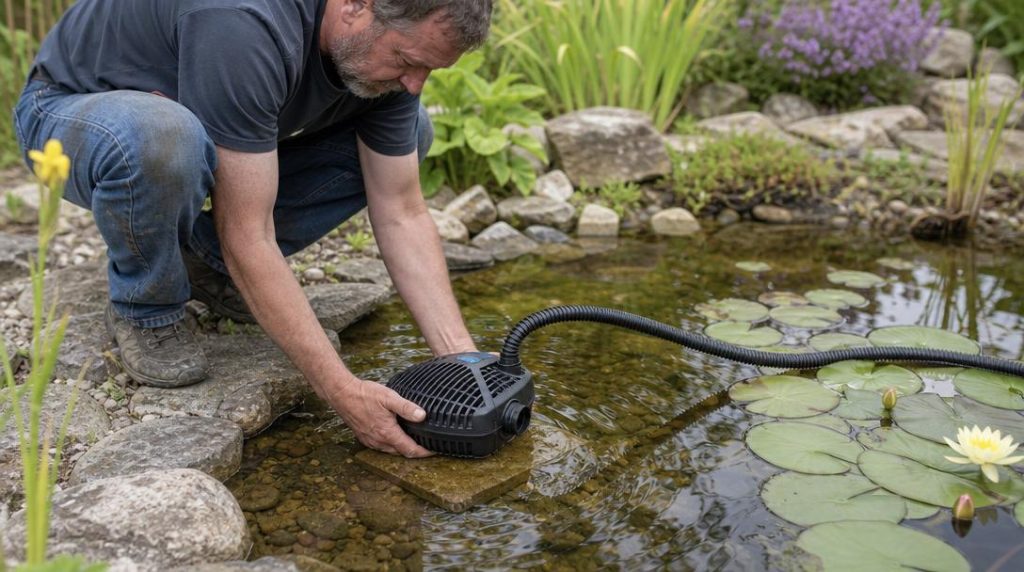 Pompe immergée posée sur support dans bassin