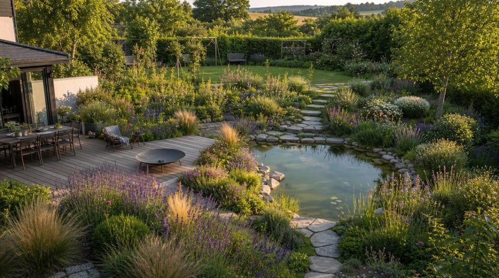 Jardin en pente avec terrasse, bassin et massifs