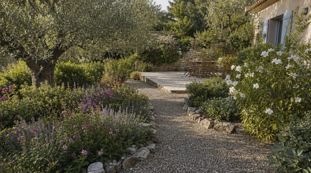 Jardin sec avec cistes, olivier et arbousier