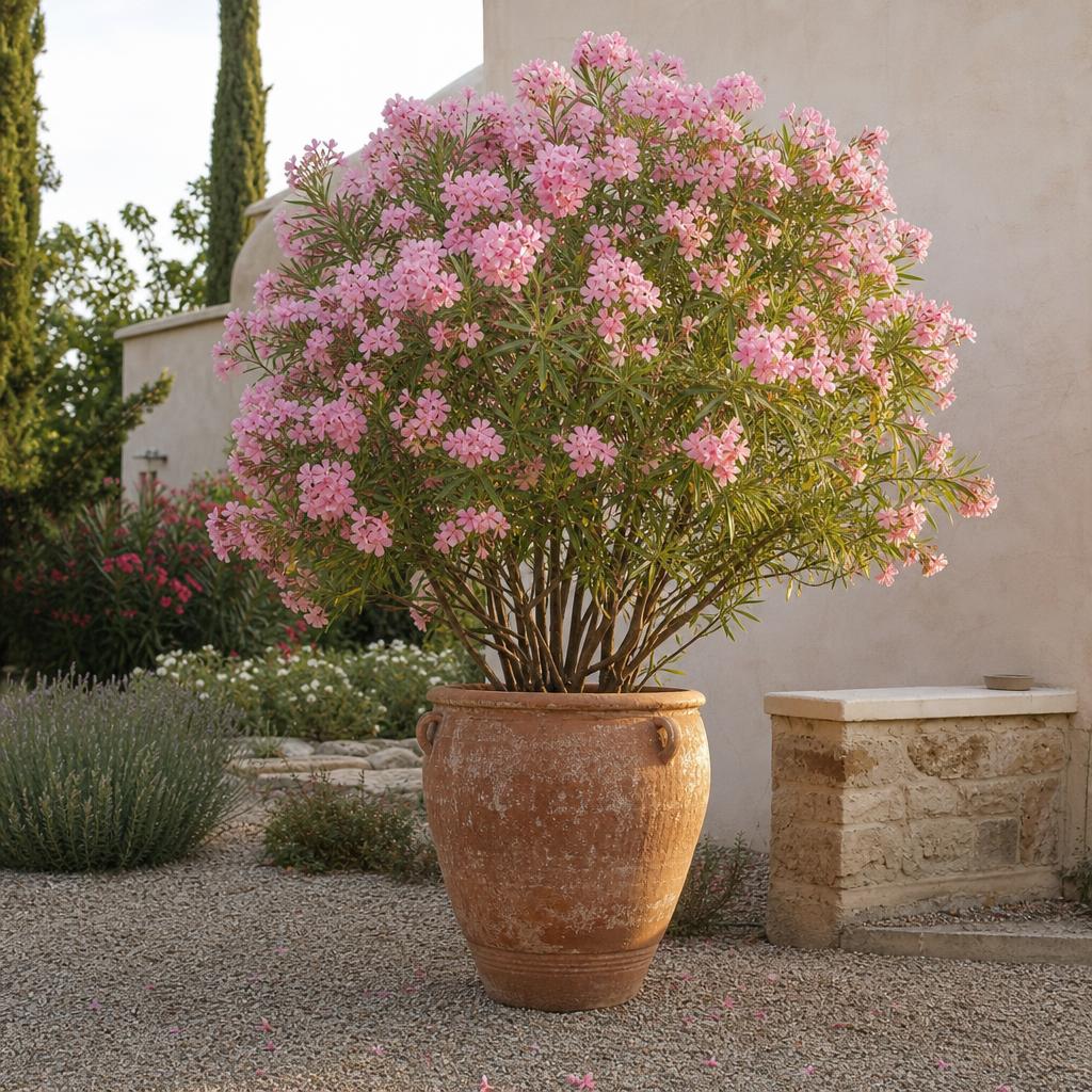 Laurier-rose rose fleuri dans un grand pot