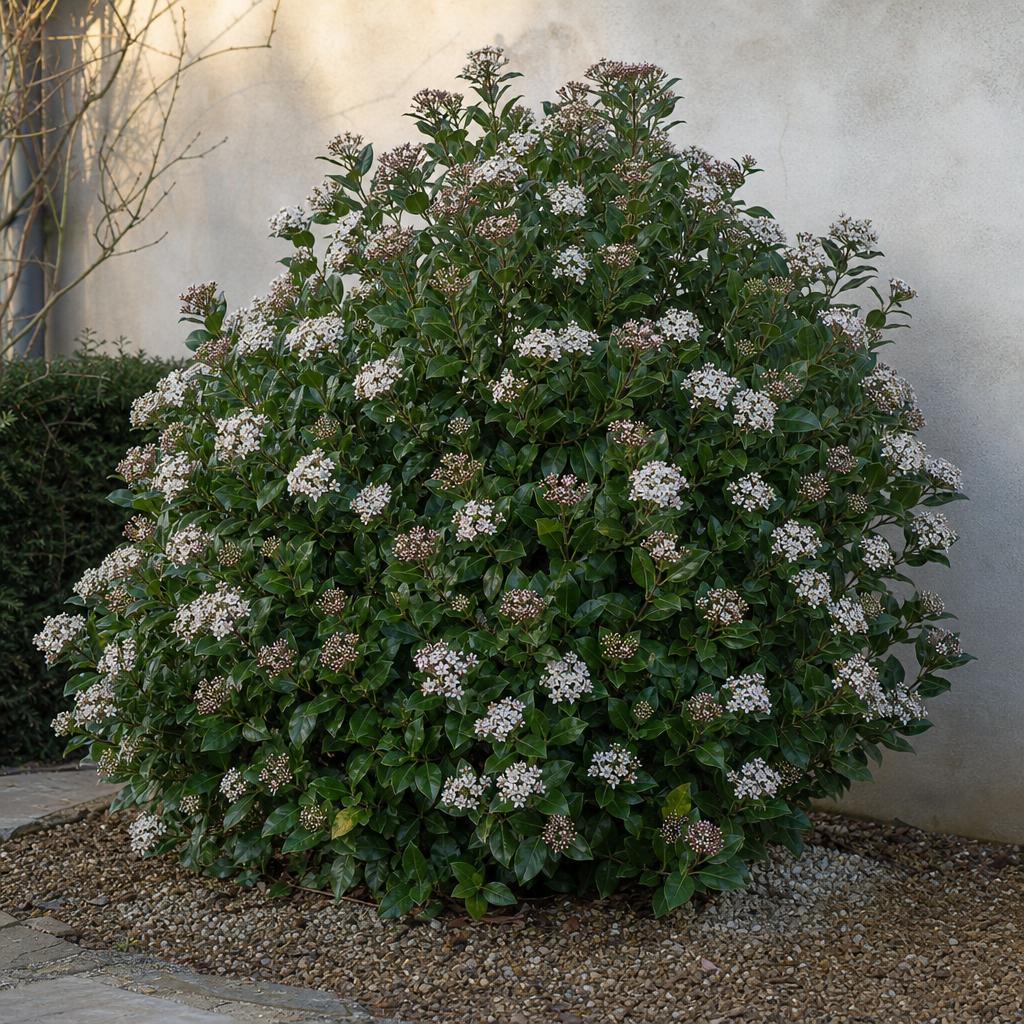 Laurier-tin fleuri contre un mur lumineux