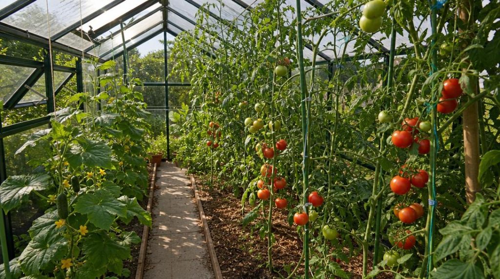 Tomates rouges et concombres sur tuteurs dans une serre