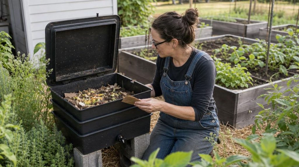 Composteur à lombrics ouvert près de carrés potagers