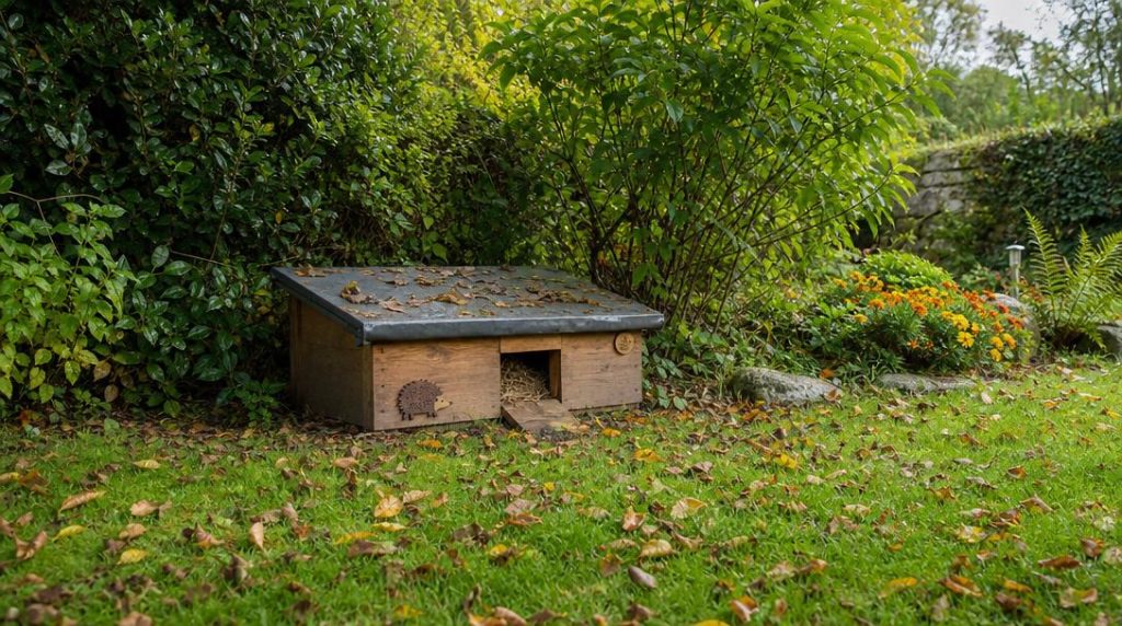 Maison pour hérisson en bois sous une haie