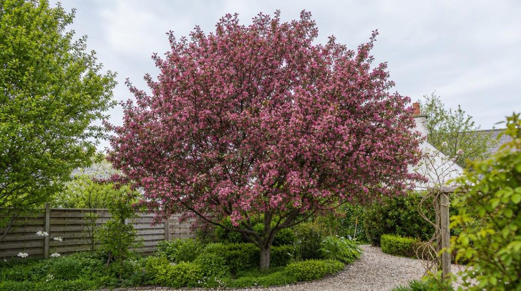 Malus pourpre en fleurs près d'une allée gravillonnée