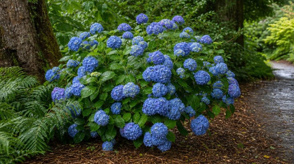 Hortensia bleu sur sol couvert de chanvre humide