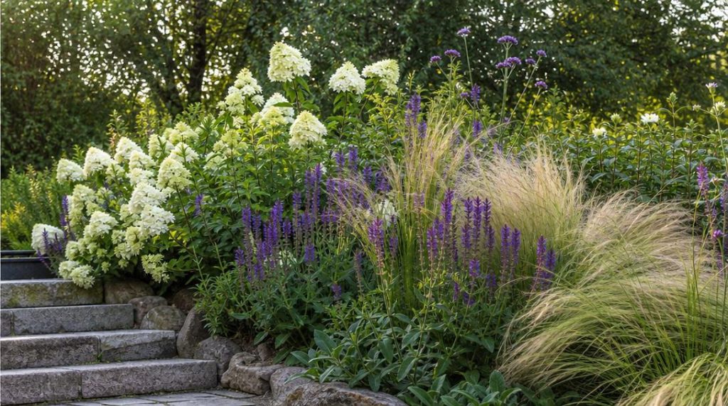 Massif fleuri près d’une terrasse en pierre naturelle
