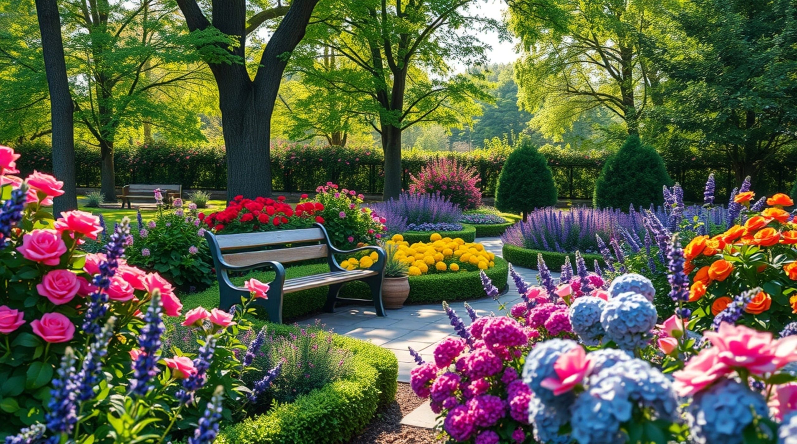 Aménager son jardin avec massifs colorés, buis taillés et bancs