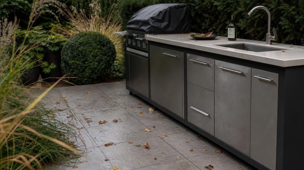 Inox, céramique et sol antidérapant sur une terrasse