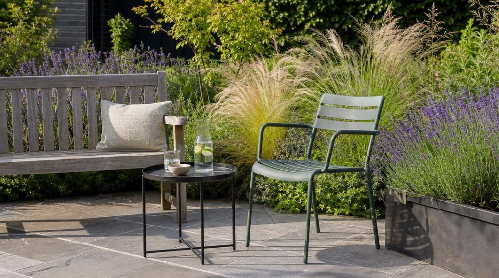 Bois, aluminium et métal sur terrasse végétalisée