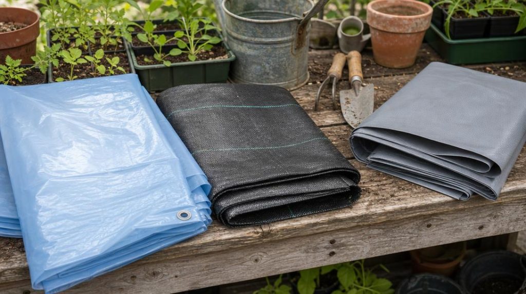 Trois matériaux de protection posés sur établi jardin