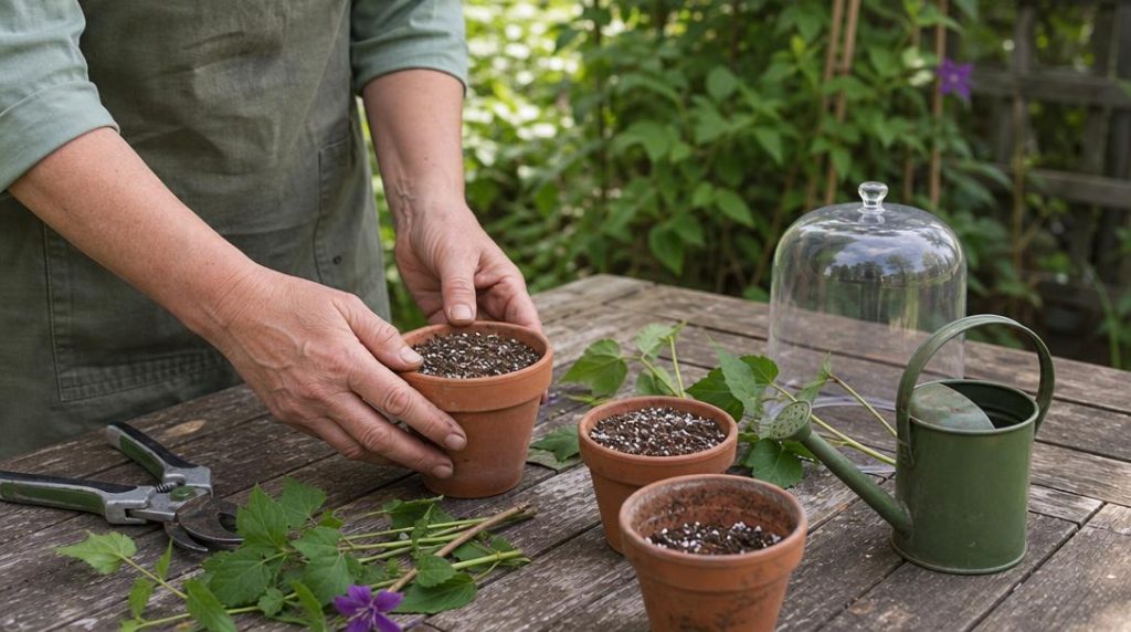 Pots, sécateur propre et substrat léger pour boutures
