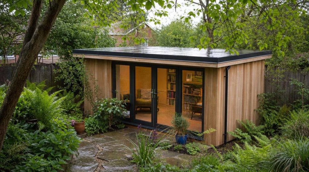 Petit abri de jardin à toit plat avec membrane noire