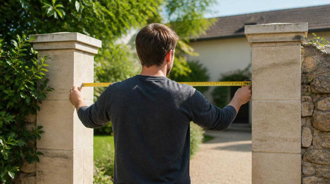 Mesure entre deux piliers en pierre pour portillon de jardin