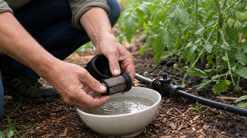 Nettoyage d’un filtre d’arrosage près des légumes