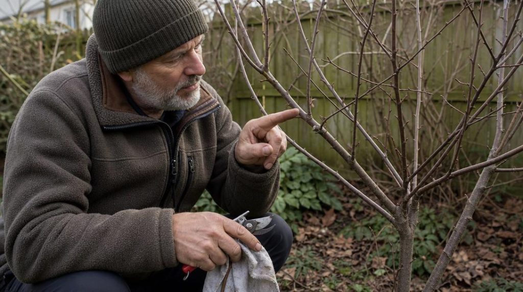 Mains observant des branches d’amandier avant la taille