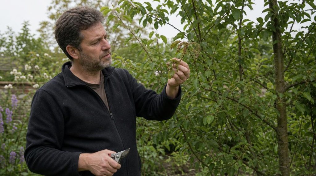Jardinier examinant une pousse brunie de poirier