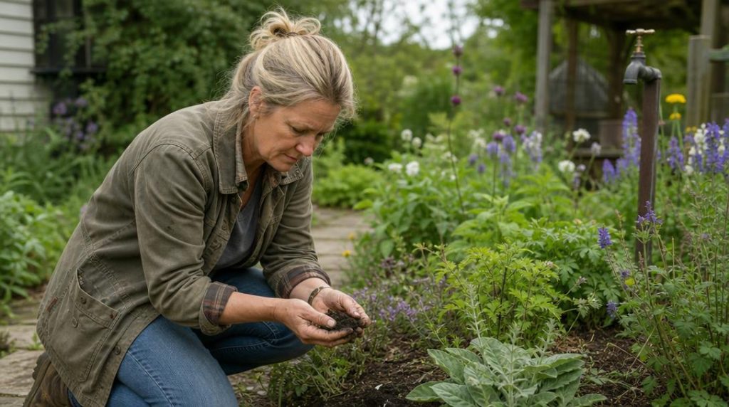 Jardinier vérifiant l’humidité du sol dans un massif