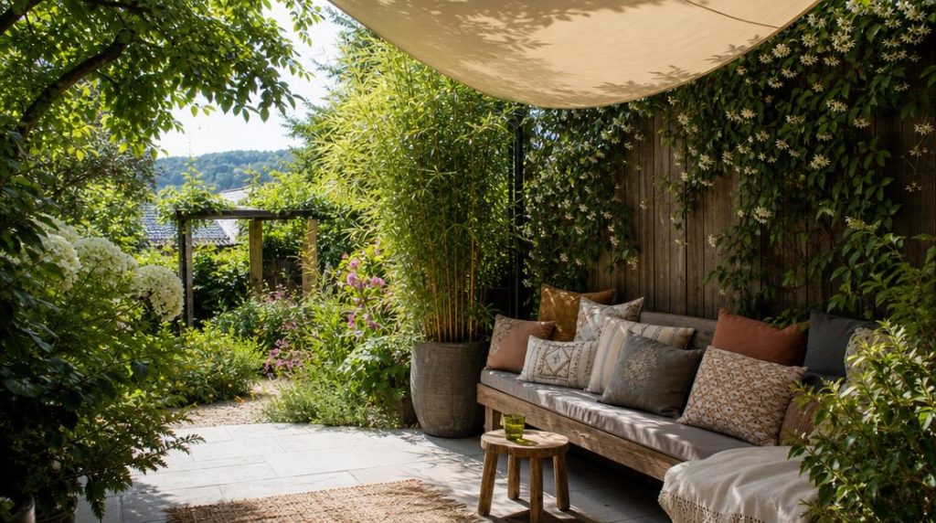 Voile d'ombrage et plantes pour terrasse intime