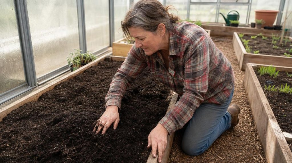 Jardinier préparant des planches de culture dans une serre
