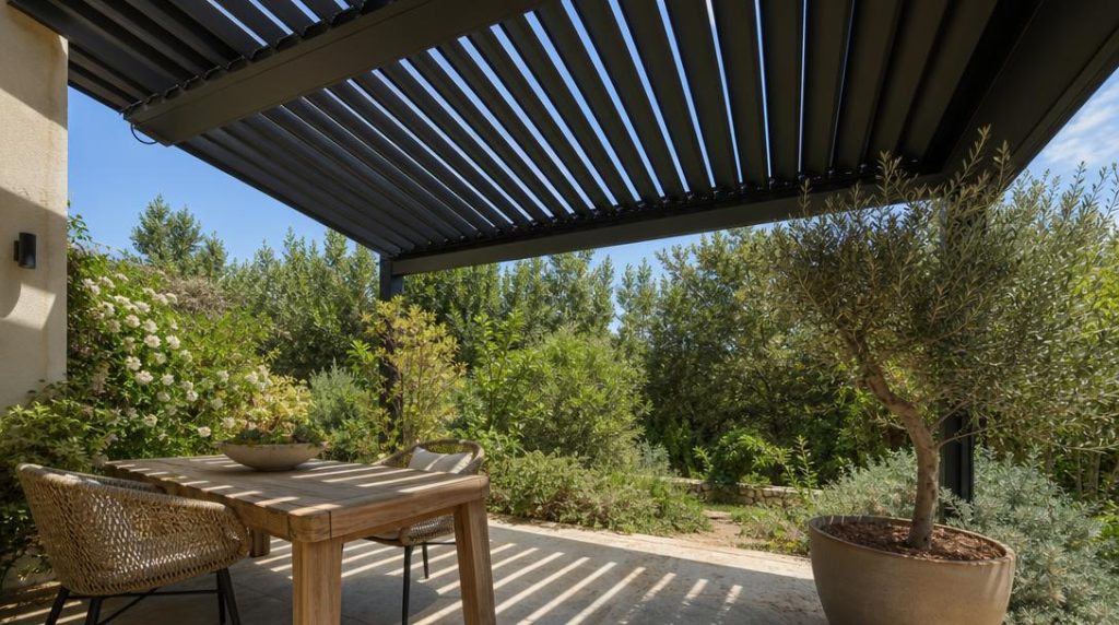 Lames entrouvertes laissant circuler l’air sur une terrasse