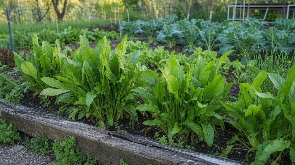 Touffes d’oseille verte dans un potager familial