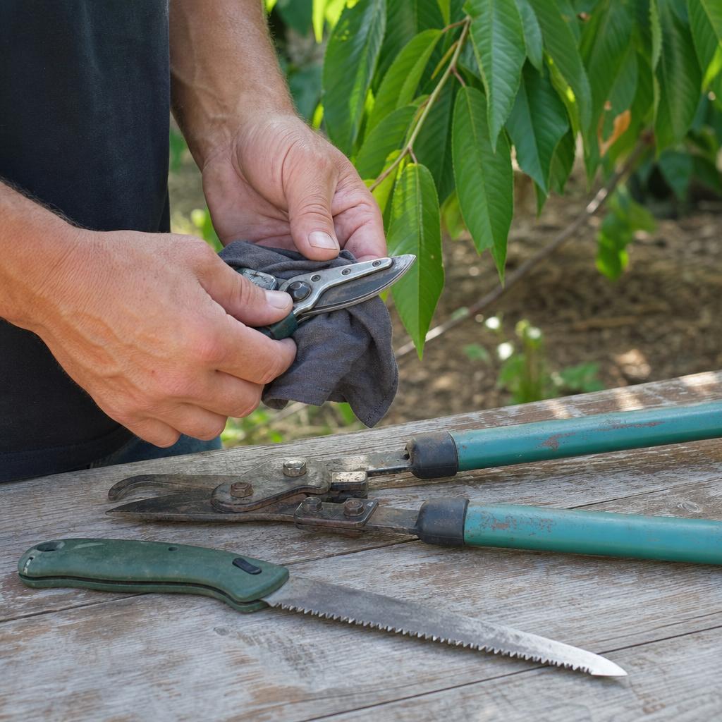 Sécateur propre et outils préparés près d’un cerisier