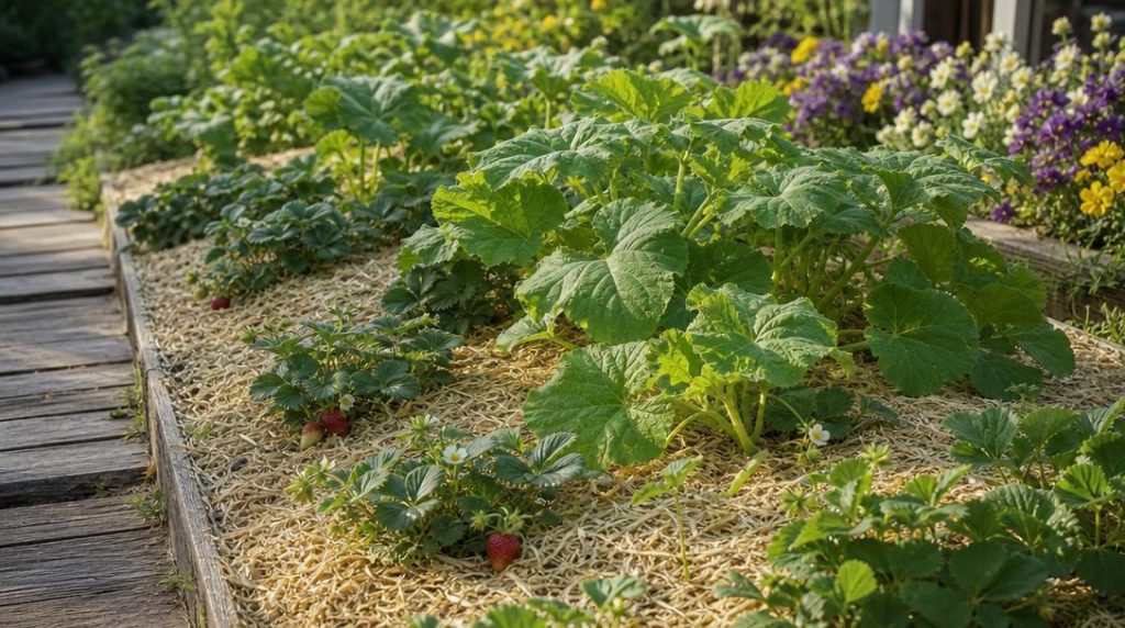 Fraisiers et légumes sur paillage blond au potager