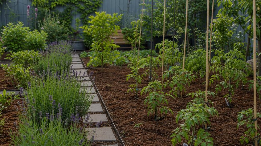 Massif et potager recouverts de paillage coco brun