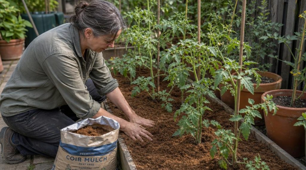 Jardinier étalant des fibres de coco entre tomates