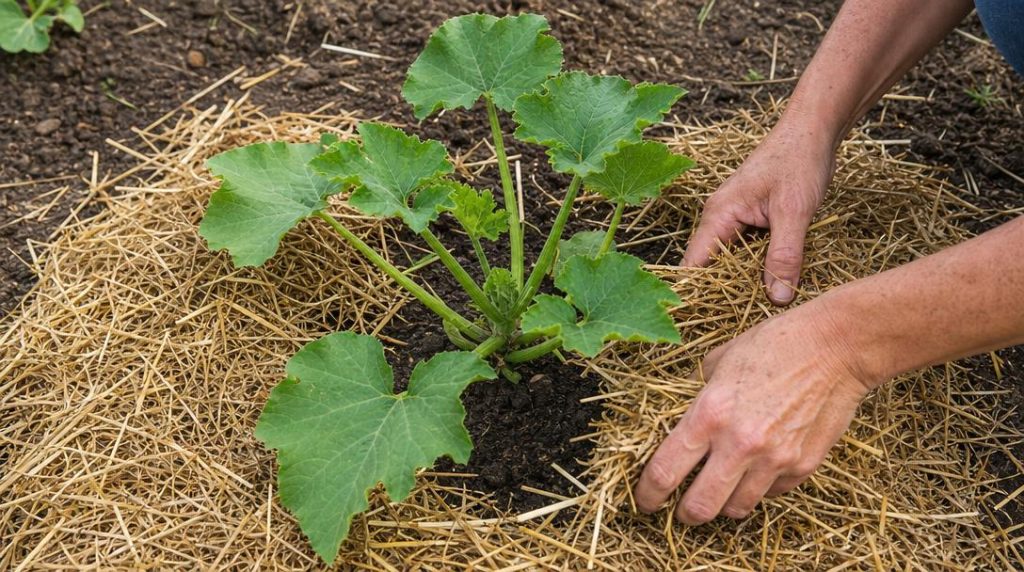 Paille autour d’un jeune plant de courgette