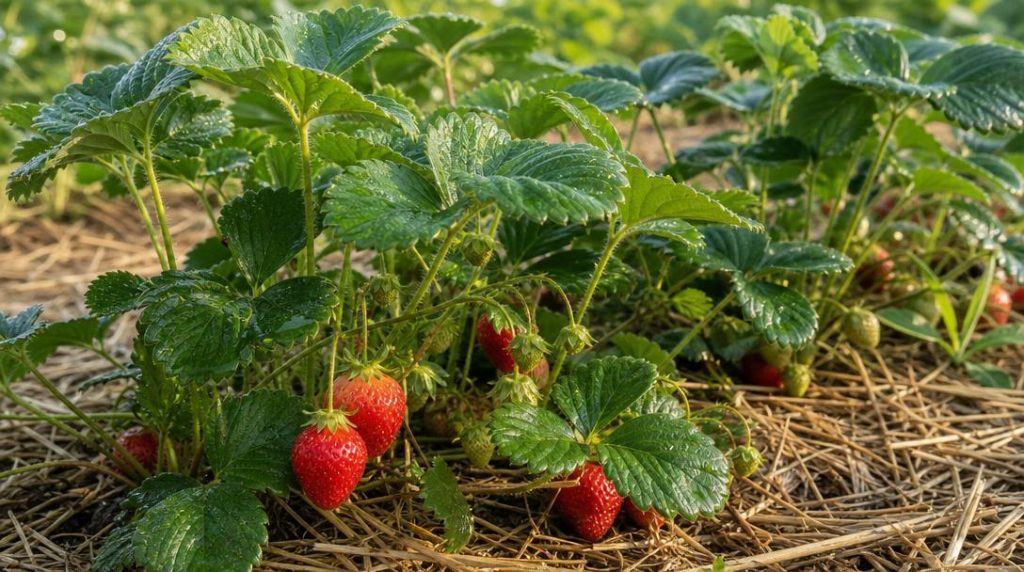 Fraises mûres sur paillis de paille propre