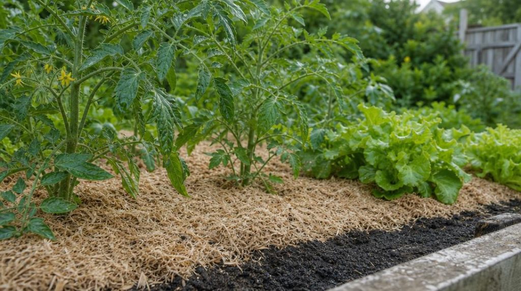 Tomates paillées sur sol frais dans un potager