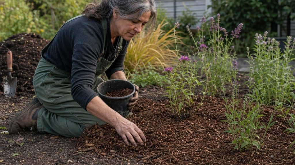 Paillage organique autour de jeunes vivaces plantées